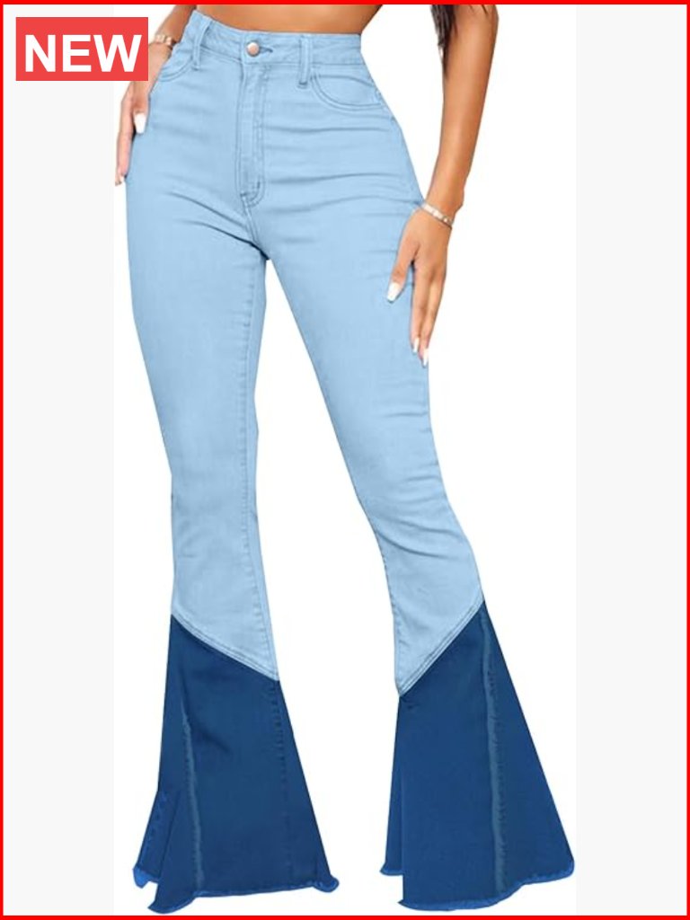 Elastic High Waisted Bell Bottom Jeans Raw Hem Denim Flared Pants Women